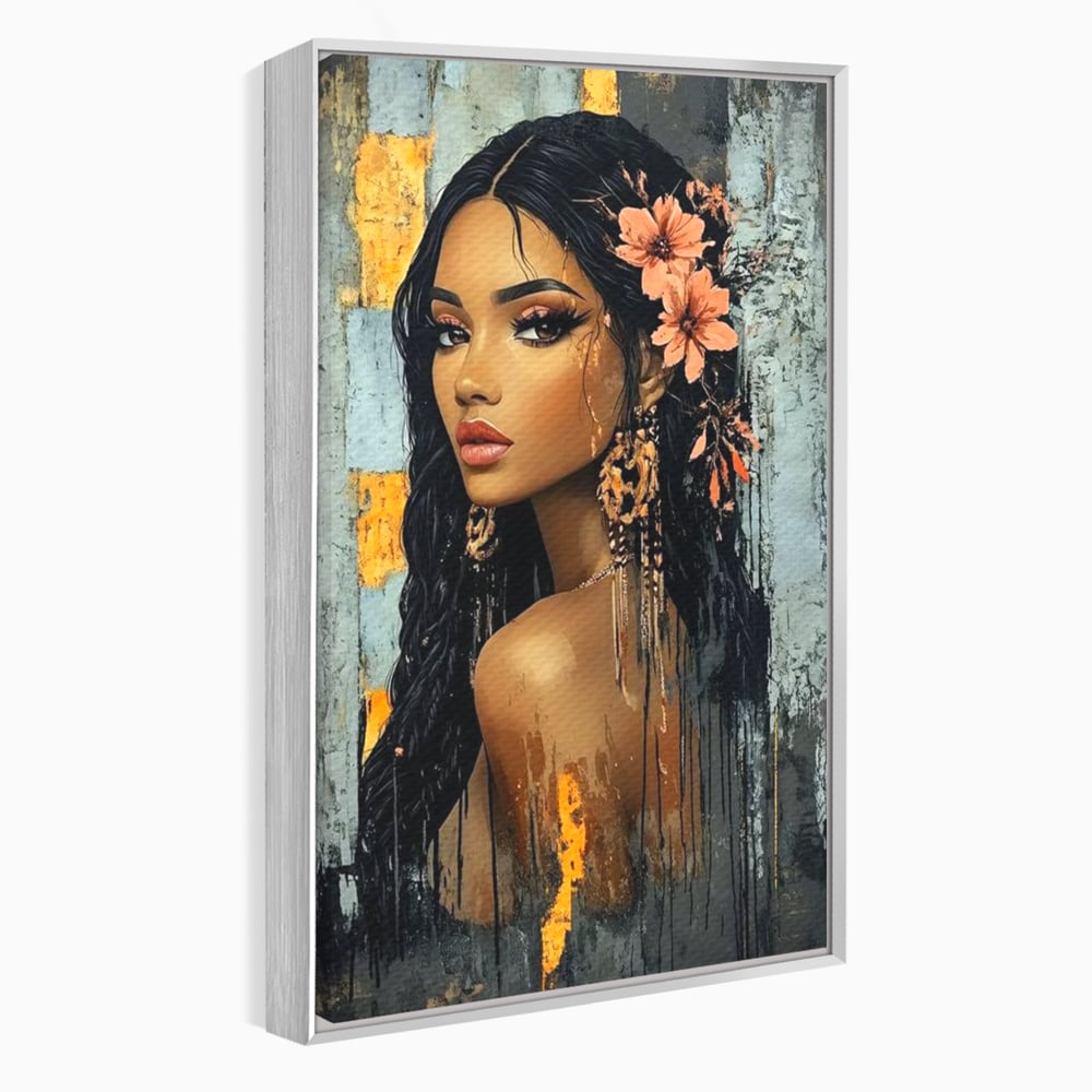 Tablou canvas cu tablou canvas cu femeie si flori in par, in rama de aluminiu argintiu